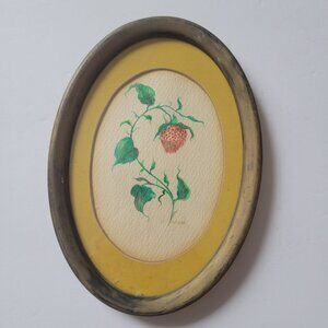 Vintage Oval Framed Watercolor Art With Greenery & Strawberry Motif Signed